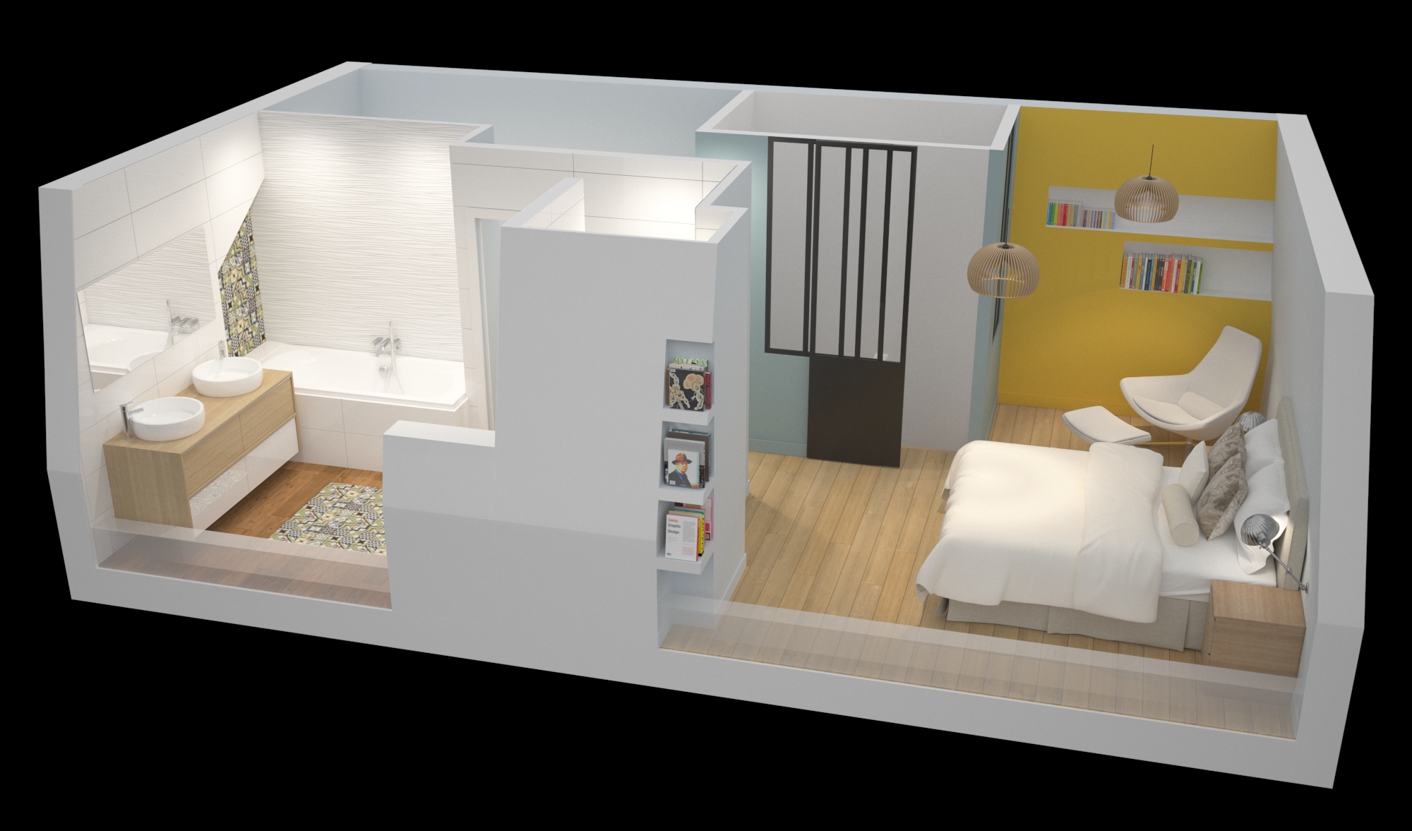 Surélévation maison Vue 3D chambre et salle de bains