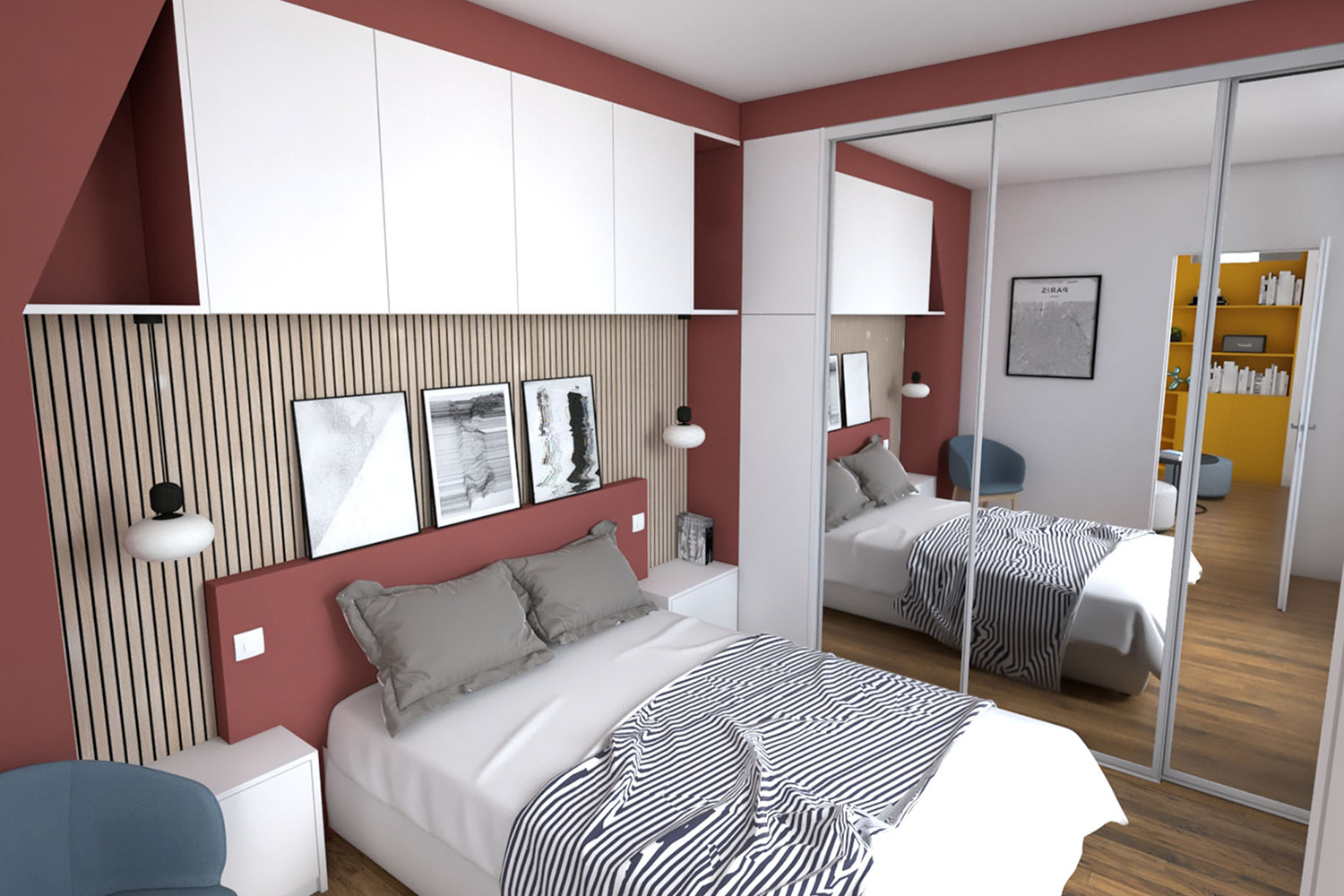 YJ Architecture Intérieur - Appartement à Paris - Visuelle 3D de la chambre